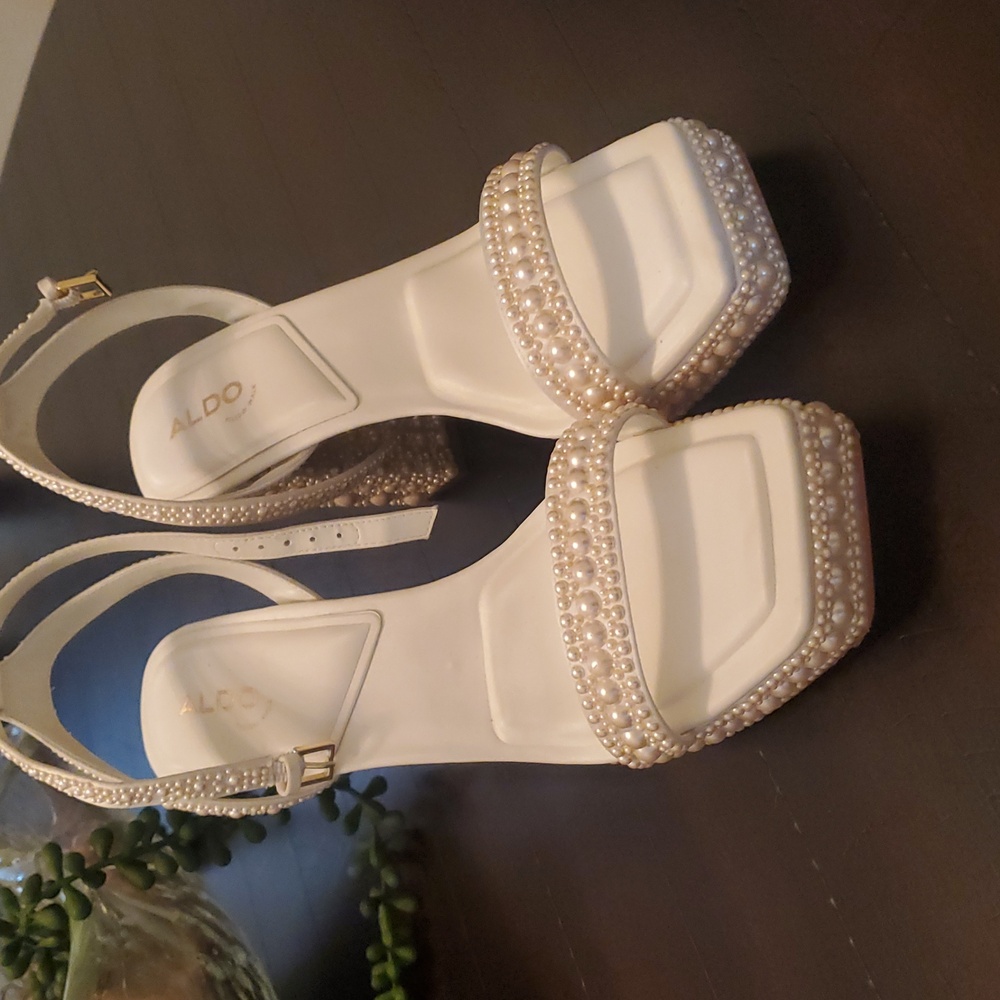 Aldo Pearl-Studded White Heels